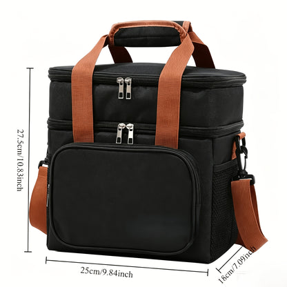 Temu large insulated lunch and cooler tote box with two-tier design, showing its sturdy handle and spacious compartments.