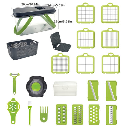 Temu 22-in-1 vegetable chopper with multiple blades and containers for easy vegetable preparation and slicing.