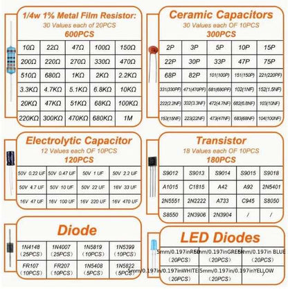 1400pcs Basic Electronics Component Assortment Kit