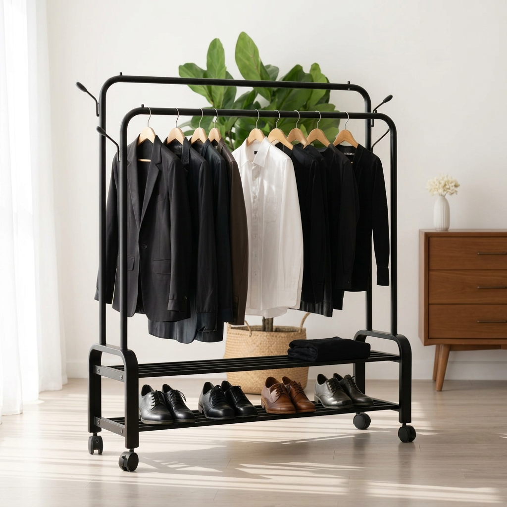 Heavy duty Temu clothes rack with wheels, featuring sturdy metal bars and casters for easy mobility and versatile laundry storage.