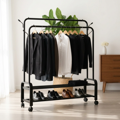 Heavy duty Temu clothes rack with wheels, featuring sturdy metal bars and casters for easy mobility and versatile laundry storage.