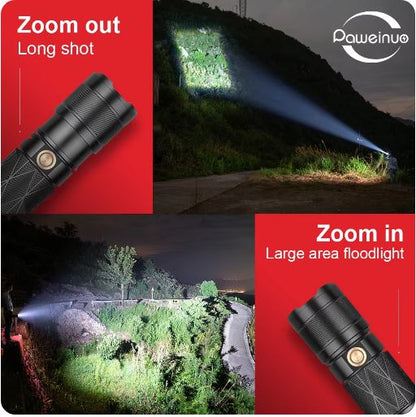 PAWEINUO Rechargeable LED Flashlight with 12000mAh Lithium Battery, High Lumen Output