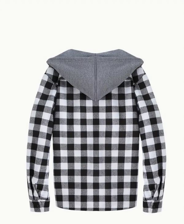 Fashionable Design Men's Plaid Pattern Hooded Long Sleeve Button Up Shirt