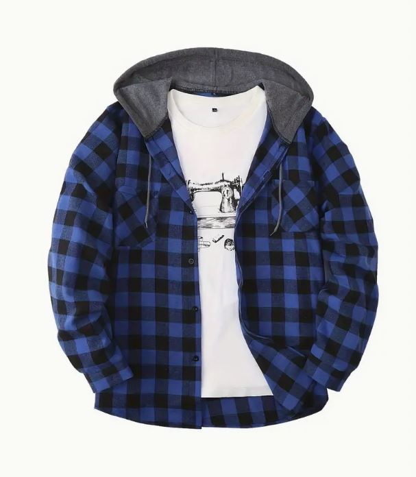 Fashionable Design Men's Plaid Pattern Hooded Long Sleeve Button Up Shirt