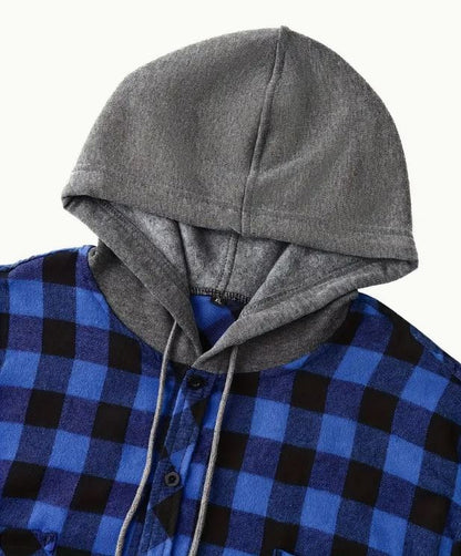 Fashionable Design Men's Plaid Pattern Hooded Long Sleeve Button Up Shirt