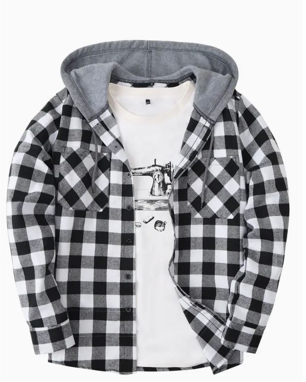 Fashionable Design Men's Plaid Pattern Hooded Long Sleeve Button Up Shirt