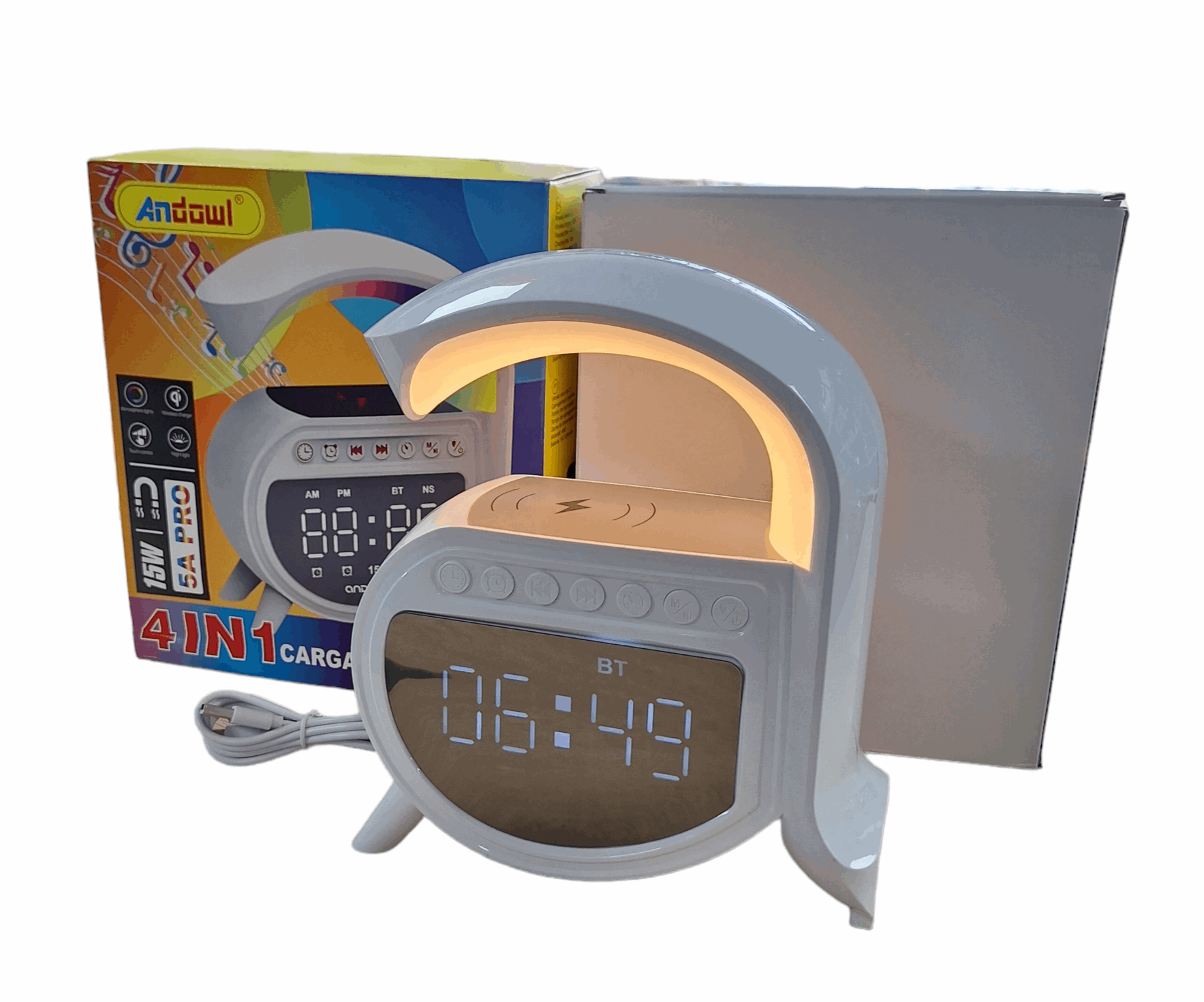 Andowl RGB 4 in 1 Multifunctional Music Player Desk Clock and Night Light