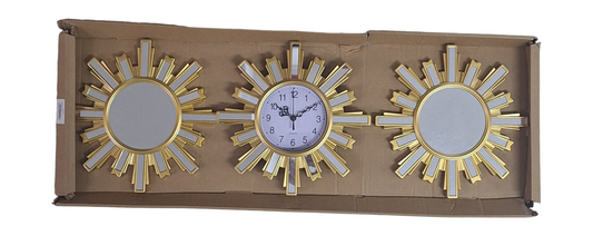 3pc Gold and White with Mirror Accents Wall Clock