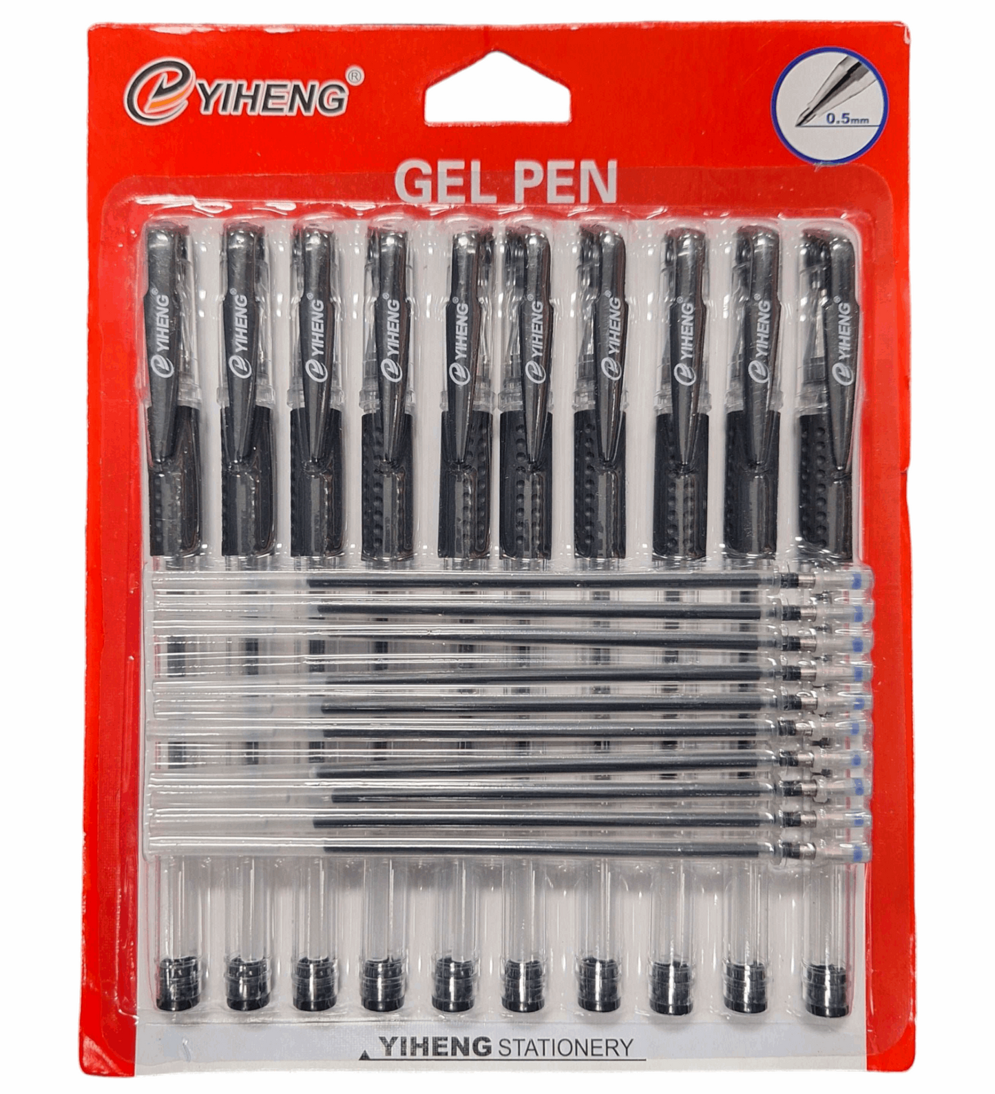 10pc Black Gel Pen With x10 Refills - 0.5mm