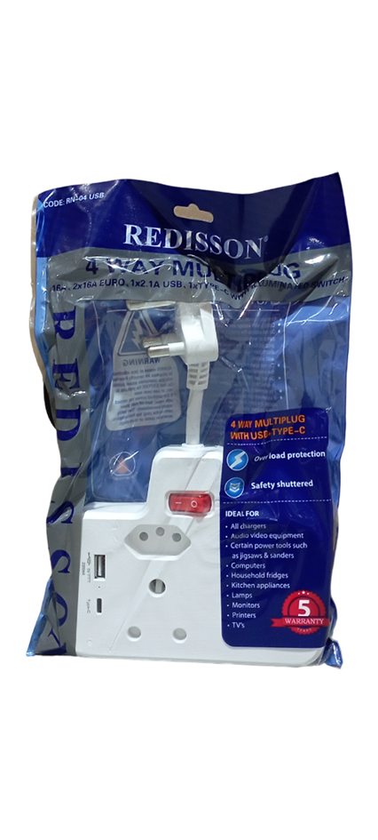REDISSON RN-04 USB 4 Way Multiplug with USB+Type-C - Electromann SA