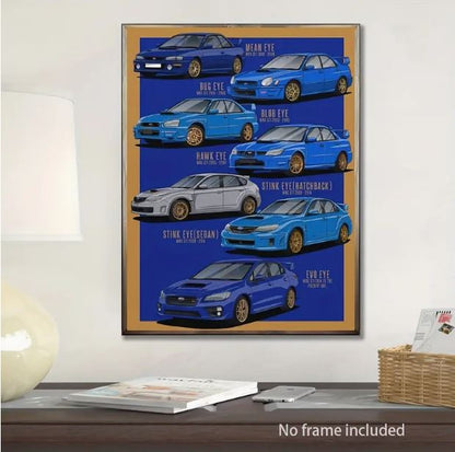 Evolution of Subaru Blue Sports Car Series Art Poster