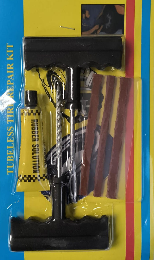 Tubeless tire repair kit on a colorful packaging background