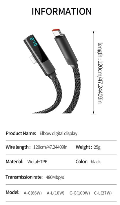 MAX 100W Fast Charging Type C to Type C Data Synchronous Charging Cable with LED Display