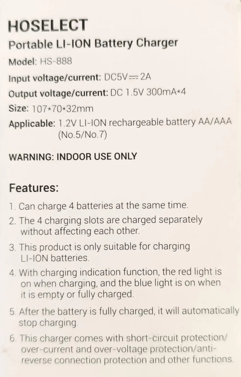 Hoselect HS-888 5V USB AA/AAA Li-Ion Battery Charger