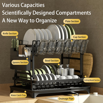 Temu 2-Tier Dish Drying Rack on a kitchen counter with space for dishes, utensils, and drying accessories.