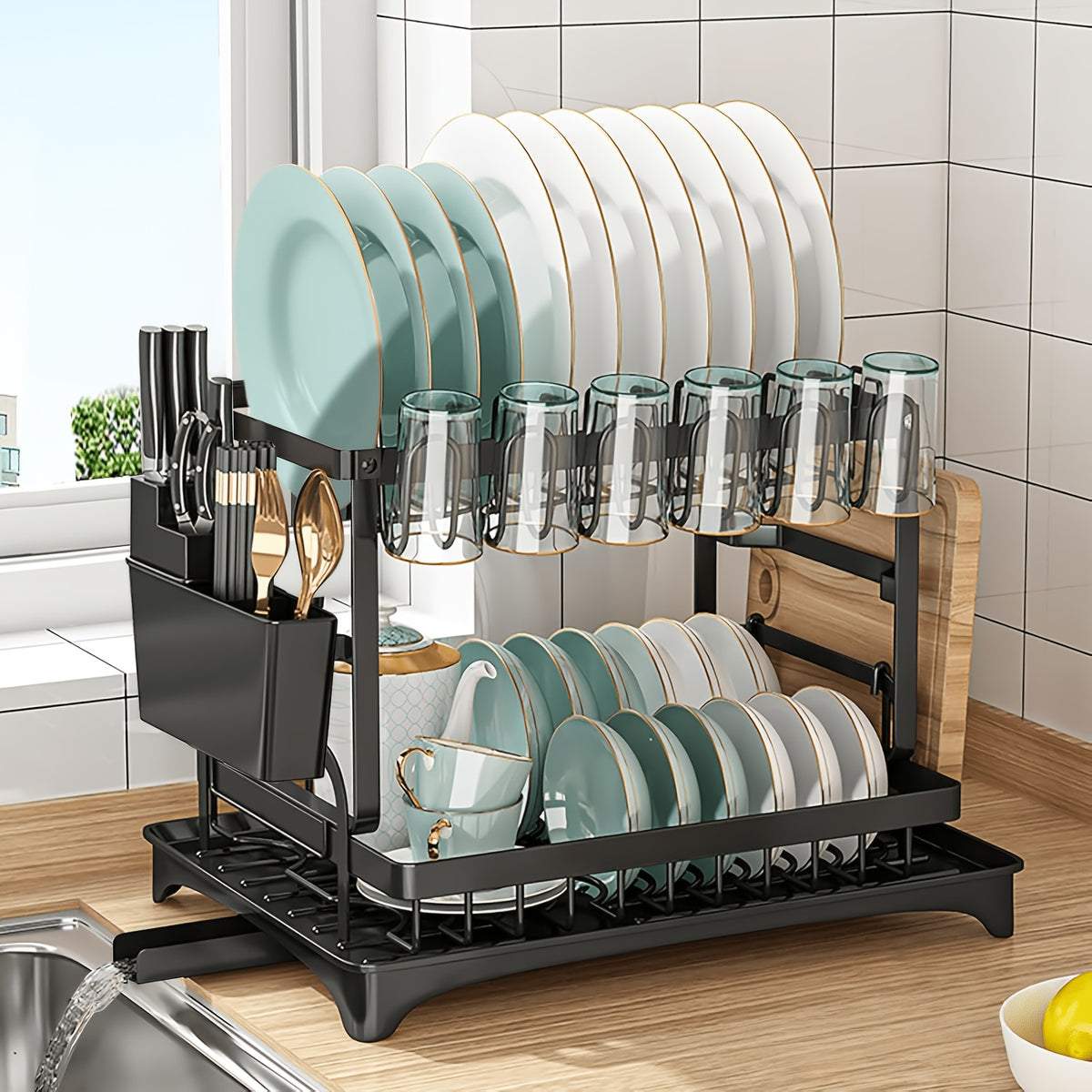 Temu 2-Tier Dish Drying Rack on kitchen counter with space for dishes, utensils, and drying accessories.