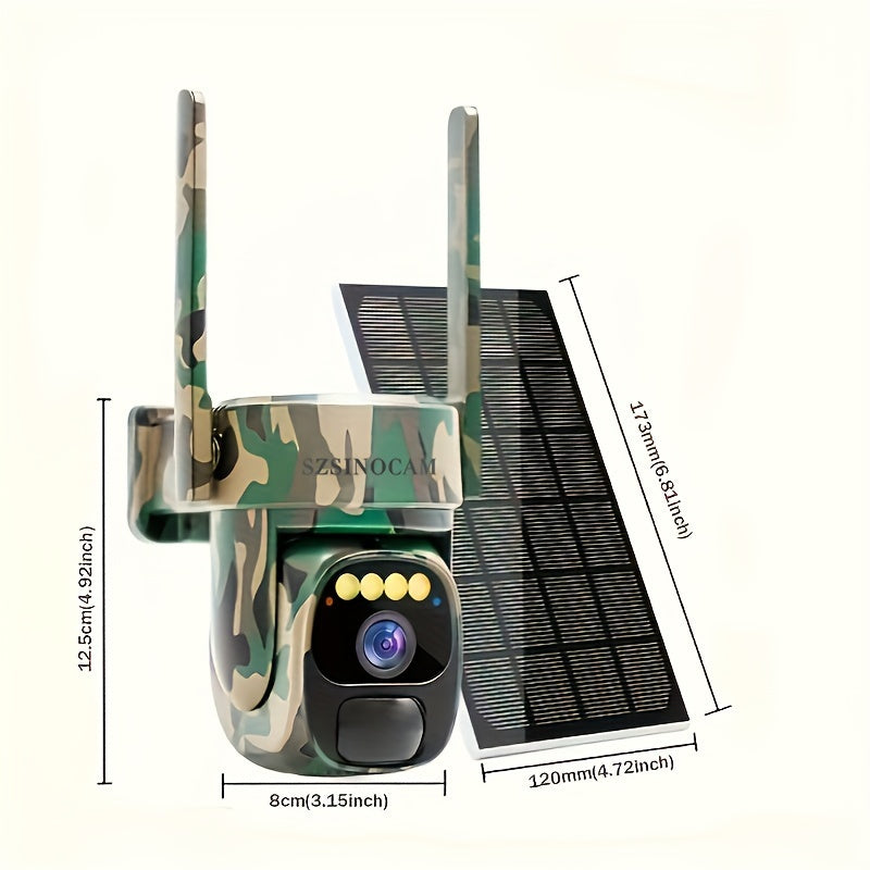 Temu 2.4G WIFI solar security camera in camo with 360° view, outdoor monitoring, tilt, and two-way talk.