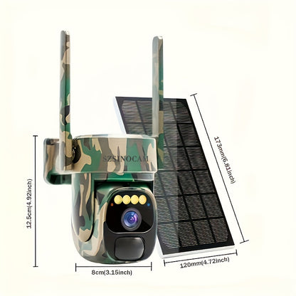Temu 2.4G WIFI solar security camera in camo with 360° view, outdoor monitoring, tilt, and two-way talk.