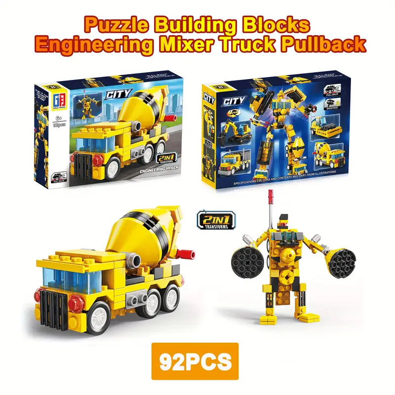 92pc Engineering Series Building Blocks, Dump Concrete Mixer Truck