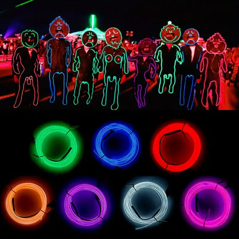 Electroluminescent Strip Light 7 Pack, 3Meter Neon Light El Wire W/Battery Pack (Green, Blue, Red, Orange, Purple, White, Pink)