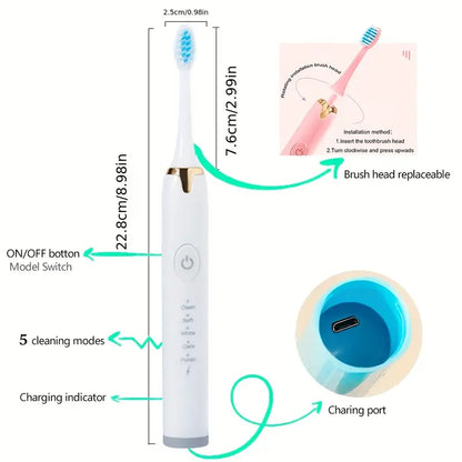 6-Brush-Head Electric Toothbrush for Adults