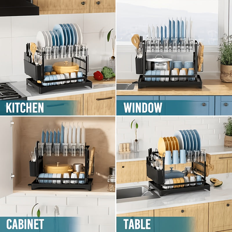 Temu 2-Tier Dish Drying Rack on kitchen counter with space for dishes, cups, and utensils, featuring a sturdy metal frame and two drying levels.