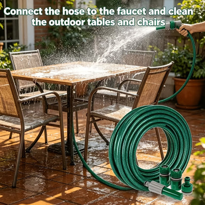 Heavy-duty garden hose set with quick connector by Temu, featuring durable rubber and metal fittings for outdoor watering.