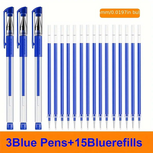 18pcs Gel Pen Set School Supplies Blue Ink Color 0.5mm Ballpoint Pen