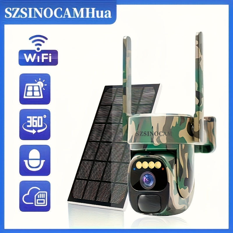 Temu 2.4G WIFI solar security camera in camo with 360° tilt, outdoor monitoring, and 2-way talk feature.