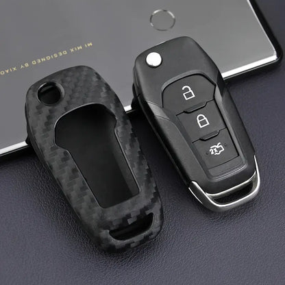 1pc Silicone Carbon Look Car Key Case Cover For Ford Vehicles