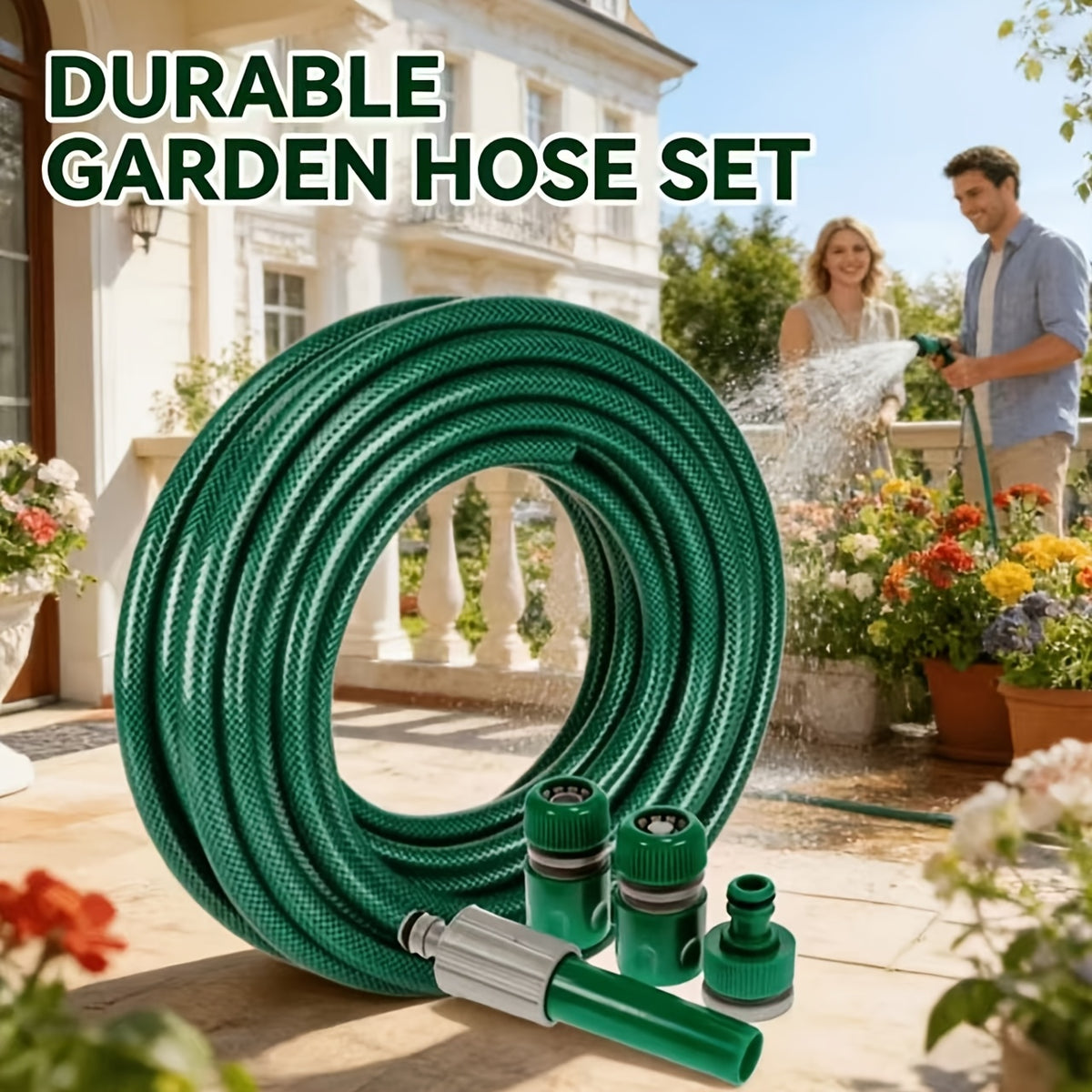 Temu heavy-duty garden hose set with quick connector, flexible and durable for outdoor watering and gardening tasks.