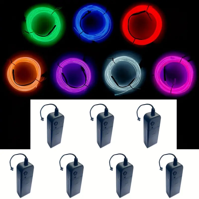 Electroluminescent Strip Light 7 Pack, 3Meter Neon Light El Wire W/Battery Pack (Green, Blue, Red, Orange, Purple, White, Pink)