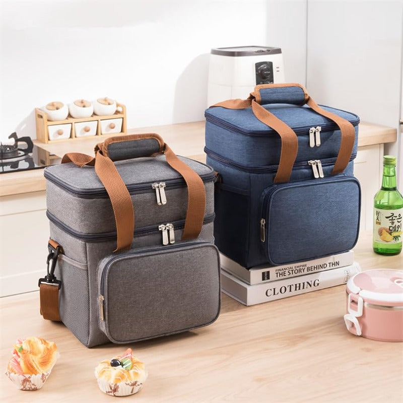 Large Temu insulated lunch and cooler tote box with two tiers, featuring a sturdy handle and spacious interior for food storage.