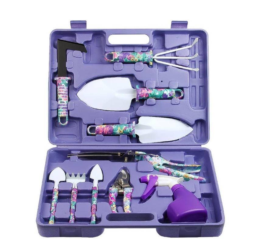 XF0900 Gardening Hand Tools with Purple Floral Print 10 Pieces