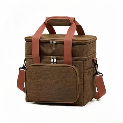 Temu large insulated lunch and cooler tote box with two-tier design, featuring sturdy handles and insulated interior for food storage.