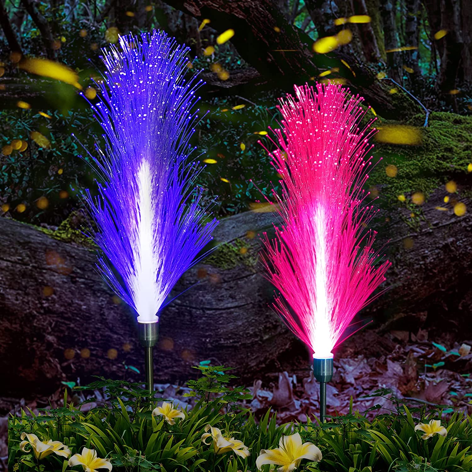 Colour Solar Powered Triple Layer Fiber Optic Lights - 2pcs Set for Outdoor Garden Decoration - Little Tokyo SA