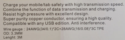 Fast Charging Micro USB 2.4A Output Cable - 3 meters - Little Tokyo SA