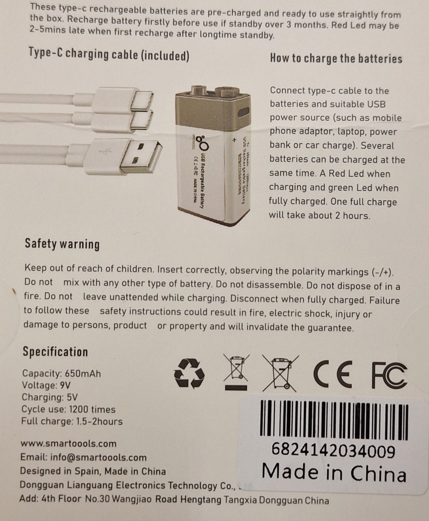 Smart Tools 9V 650mAh Rechargeable Type C Battery - Little Tokyo SA
