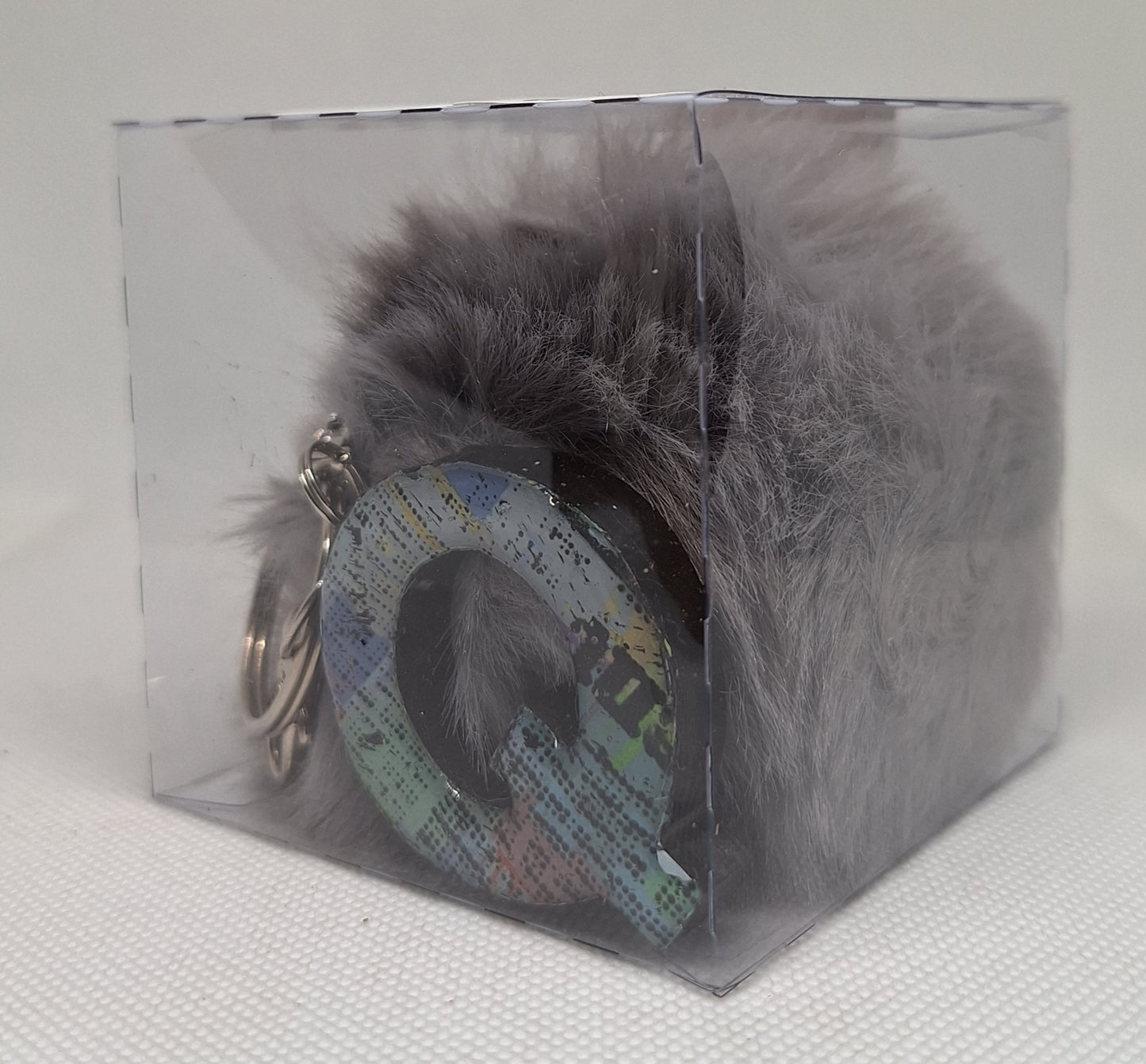 Custom Resin Letter Keychain With a Dark Grey Pom Pom - Q - Little Tokyo SA