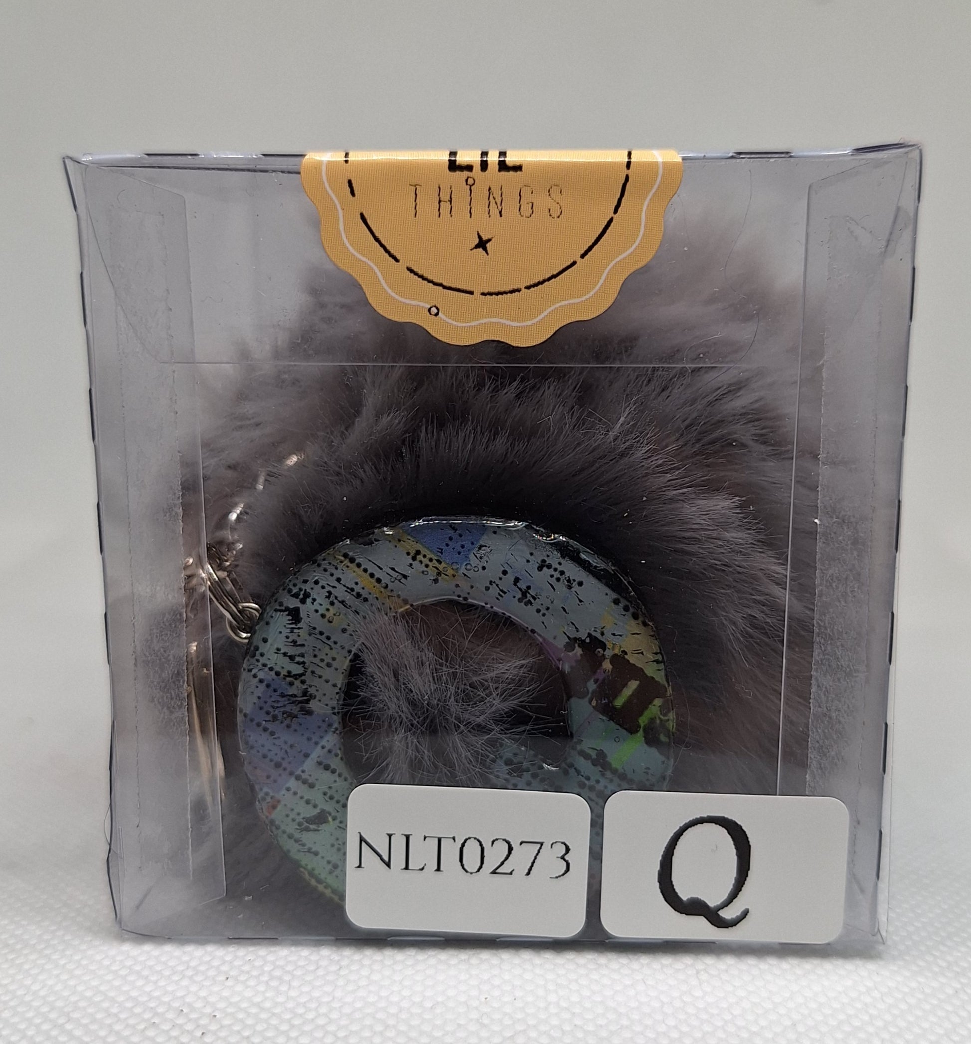Custom Resin Letter Keychain With a Dark Grey Pom Pom - Q - Little Tokyo SA