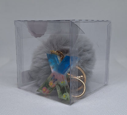 Custom Resin Letter Keychain With a Grey Pom Pom - X - Little Tokyo SA