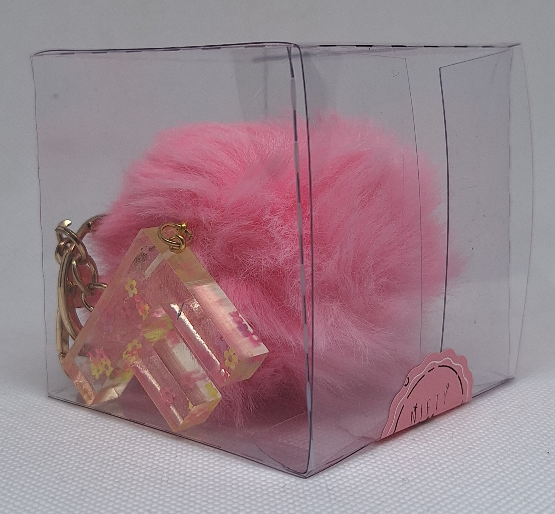 Custom Resin Letter Keychain With a Pink Pom Pom - F - Little Tokyo SA