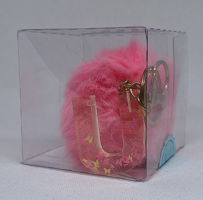 Custom Resin Letter Keychain With a Pink Pom Pom - U - Little Tokyo SA