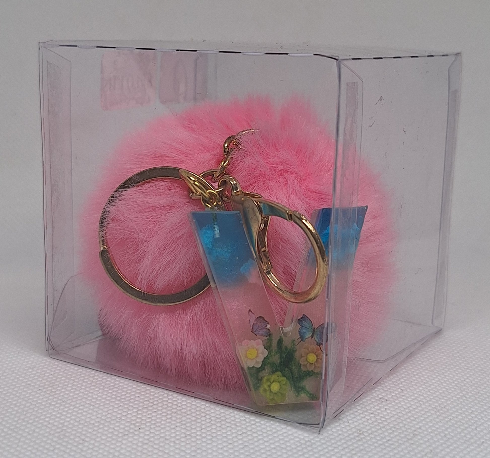 Custom Resin Letter Keychain With a Pink Pom Pom - V - Little Tokyo SA