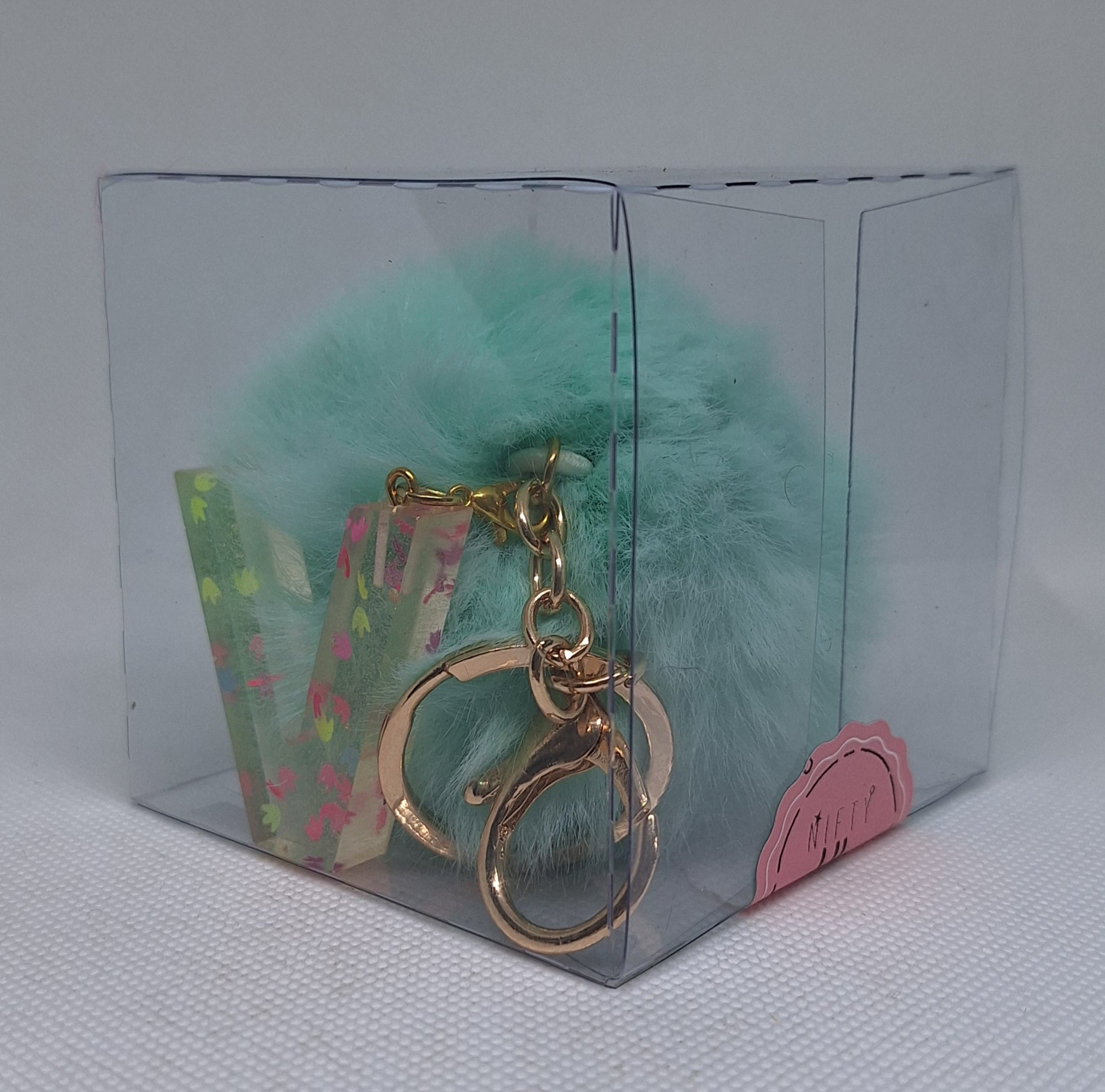 Custom Resin Letter Keychain With a Turquoise Pom Pom - V - Little Tokyo SA