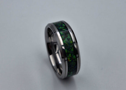 Tungsten Metal 8mm Ring With Crushed Opals - Size 10