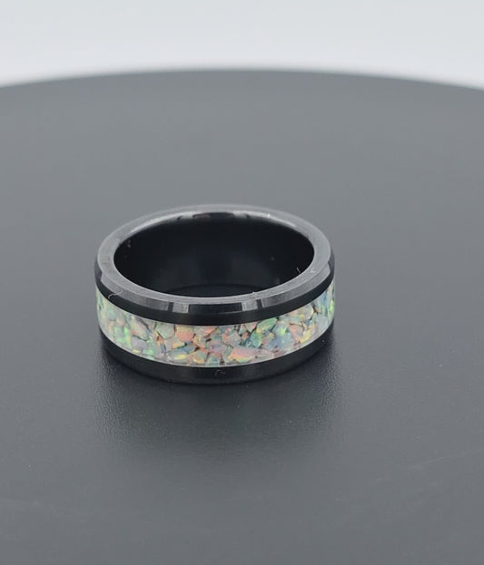 Black Ceramic 8mm Ring With Crushed Opals - Size 7