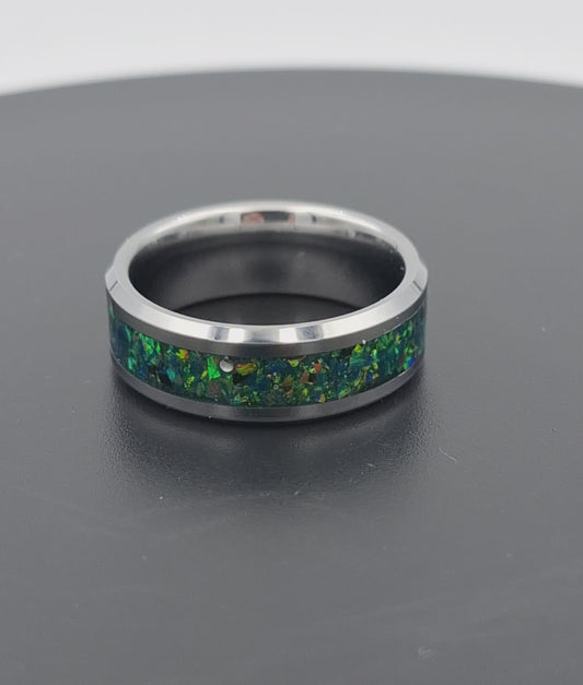 Tungsten Metal 8mm Ring With Crushed Opals - Size 10