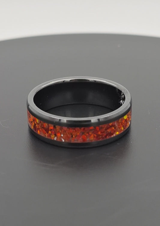 Custom Handmade Black Ceramic 8mm Ring With Crushed Opals - Size 14