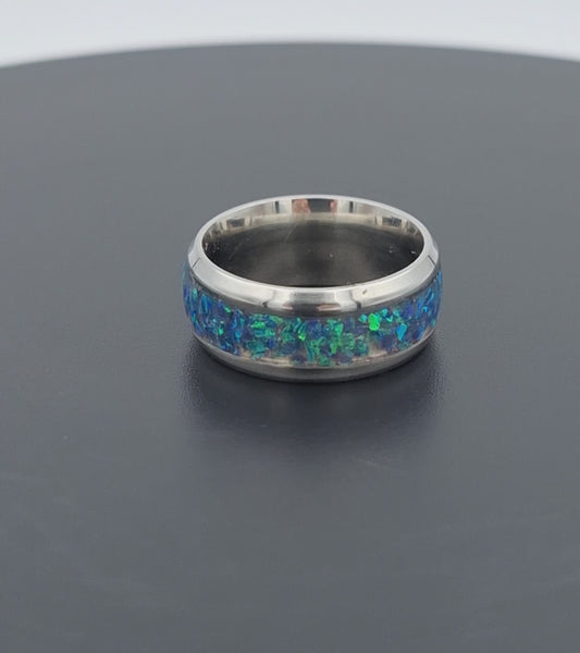 Custom Handmade Stainless Steel 8mm Ring With Crushed Opals - Size 5